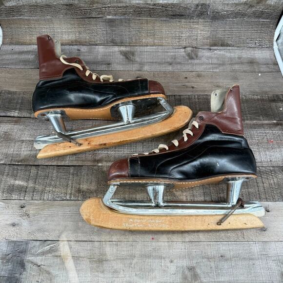 Vintage Ice Skates Black/Brown Leather Size 11 2/3 Steelarch CCM Support - Picture 1 of 16
